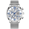 Men's silver quartz watch with blue hands, Milanese mesh strap and calendar display - Silver White Dial