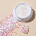 Pink and white mixed hexagonal nail sequins and glitter in a round white jar - Korean Large Sequins #13 Luminous