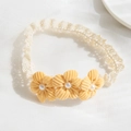 Baby girl lace headband with yellow corduroy flowers and pearl accents for infants - Yellow Three-petal Flower