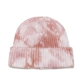 Detailaufnahme der Rippenstrickstruktur und des pink-weißen Batikmusters der Beanie-Mütze - M (56-58cm) / Altrosa