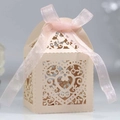 Laser-cut heart pattern wedding favor box in champagne gold with pink silk ribbon - Champagne Gold