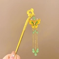 Spilla per capelli cinese dorata con perle verdi, farfalla smaltata e nappe - Farfalla Nuvola Fortunata