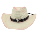 Chapeau de cowboy en paille avec bord dégradé rose et tête de taureau argentée - Décor en métal tête de taureau/Bord dégradé / Blanc Lait (avec corde coupe-vent)