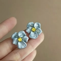 Blue marble texture flower stud earrings with yellow crystal center on finger - 1# Silver Needle-Blue (Blue Marble Flower)