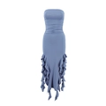 Detailed view of blue tube dress featuring layered ruffle hem and slim silhouette - Blue