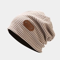 Brown and white striped slouchy beanie with leather label and soft knit texture - M (56-58cm) / Brown Stripe