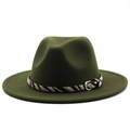Detail of dark green wool felt jazz hat featuring zebra print band and silver metal buckle - M (56-58cm) / Army Green