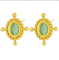 Retro gold plated stainless steel stud earrings with green opal stone center - Vintage Court Rhombus Emerald