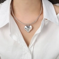 Collana a catena a serpente d'argento con grande ciondolo a cuore lucido da donna - 40+5cm / Argento