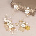 Detailed bridal hair set with gold metal base, white flowers, pearls and rhinestones - Hair Accessory Set / White