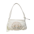 Sac à bandoulière en similicuir crème avec broderie florale vintage et pompon en soie - Blanc Cassé