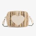 Beige and brown woven heart-shaped crossbody camera bag with geometric wide strap - Apricot
