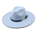 Close-up of light blue wool fedora hat featuring a thin black leather band and gold buckle - M (56-58cm) / Sky Blue