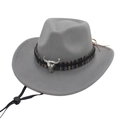 Dettaglio cappello cowboy grigio con emblema testa di toro e fascia in stile etnico - Taglia unica / Grigio Chiaro (Toro Etnico)