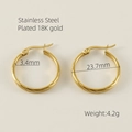 18K gold plated stainless steel hoop earrings, 23.7mm diameter and 3.4mm width size guide - Gold