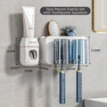 Wall-mounted toothbrush holder with toothpaste dispenser and two transparent blue cups - ABS / 2-Cup Style + Toothpaste Squeezer-White