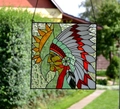Stained glass suncatcher panel featuring native American portrait with metal hanging chain - Style 9 (Indian Chief)
