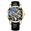 Men's automatic mechanical skeleton watch with gold-tone bezel and black leather strap - Gold Case Black Dial Black Leather Strap