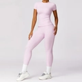 Conjunto de yoga rosa de dos piezas para mujer con top de manga corta y leggings altos - S / Rosa Lila