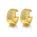Golden wide huggie earrings with three rows of micro-pave zircons and double C cutout - 7-Gold Three Row Pave Inner Double C Huggie / Gold