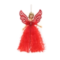 Dettaglio dell'angelo di Natale rosso con ali glitterate e gonna con nappe - Ali di Tessuto Rosso