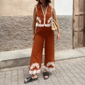 Ensemble de vacances deux pièces caramel avec broderies et pantalon large - S / Orange