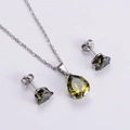 Silver necklace and stud earring set with olive green teardrop-shaped gemstones - Olive Green Set (AML-JS-094)