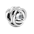 Silver-plated birthstone charm bead with intricate knot design and translucent white stone - April Clear