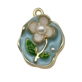 French vintage enamel flower pendant with white bloom and pearl in gold finish - Light Blue Gold-Sprinkled White Flower Leaf-22077