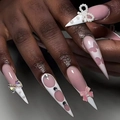 Uñas postizas stiletto largas rosas con lazos de perlas 3D y puntas francesas - Estilo de Perlas con Lazo 3D Rosa (CJCY-435) / Tipo de Pegamento