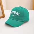 Detail of green cotton baseball cap featuring 3D white DUBAI U.A.E letter embroidery - Green