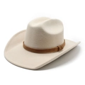 Classic beige wool felt western cowboy hat with brown leather band on white background - M / Beige