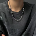 Titanium steel necklace featuring silver chain links and grey geometric beads on a model - Small Cube Beaded Hip Hop Necklace X2268