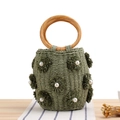 Olive green handmade bucket bag with pearl details and round rattan handles - Green