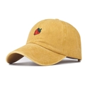 Detail of strawberry embroidery on vintage washed cotton baseball cap in mustard yellow - Yellow