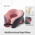Memory foam U-shaped travel neck pillow in peach pink with adjustable buckle strap - Peach Pink