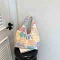 Minimalist white corduroy tote bag with vibrant multicolored vertical stripes - Rainbow Style