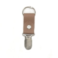 Detail view of the durable taupe PU leather hat clip with a silver metal ring and grip - Khaki