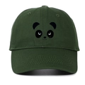 Detailed close-up of cartoon panda embroidery on dark green cotton baseball cap - Army Green