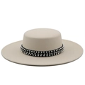 Elegant beige flat top wool felt fedora hat with luxury pearl and rhinestone trim - M(56-58cm) / Beige