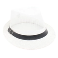 Detail of white mesh fedora with black faux leather strap and silver metal buckle - White