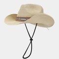 Detail of bohemian straw cowboy hat with ethnic braided band and adjustable chin strap - Beige