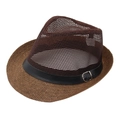 Chapeau trilby d'été pour hommes avec couronne en maille marron et ruban en cuir - Taille unique / café