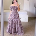 Schulterfreies Maxikleid mit gesmokter Taille und klassischem braunem Leopardenmuster - Rosa Leopard