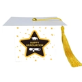 Close-up of a white graduation cap gift box with yellow tassel and happy graduation text - White Box Yellow Tassel / White