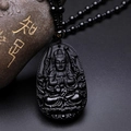Carved black obsidian pendant necklace featuring Guan Yin Buddha figure and bead chain - Rat (Sahasrabhuja) - With Bead Chain