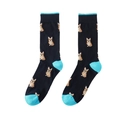 Detail of navy blue cotton socks featuring corgi patterns with sky blue heels and toes - Black Corgi (A492)