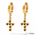 Baroque style gold stainless steel cross earrings with black round cubic zirconia stones - Gold Black Zirconia Circle Cross Earrings (KDE643)