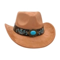 Camel suede western cowboy hat with turquoise stone belt and ethnic floral embroidery - Khaki [Wide Leather Embroidery]