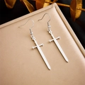 Macro detail of silver sword-shaped drop earrings displayed on a gold leather jewelry box - Sword Shape Style (E5786 Steel Color)